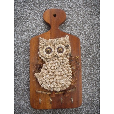 Vintage Wood OWL Key Holder 4 Hooks Handmade Sunflower Seeds Wooden Wall Plaque   263851660216